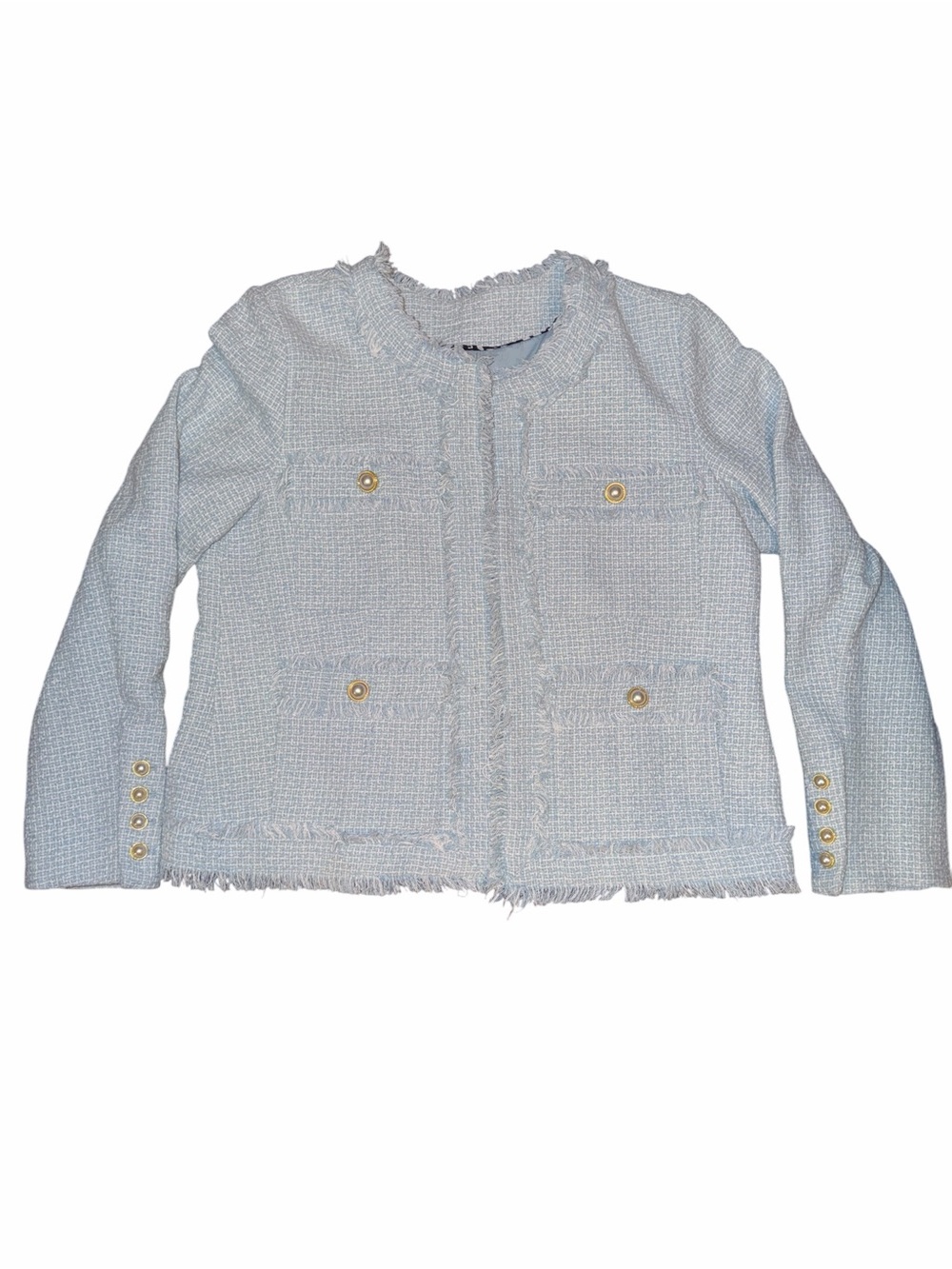 Nanette Lepore Pale Blue Tweed Jacket with Gold Buttons